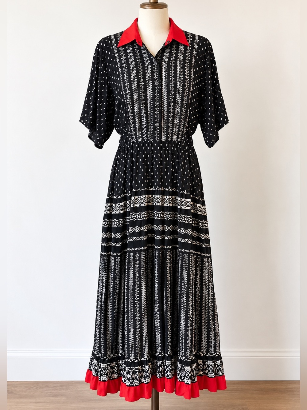Vintage Francisco Black Red Boho Rockabilly Geometric Maxi Dress Pockets M